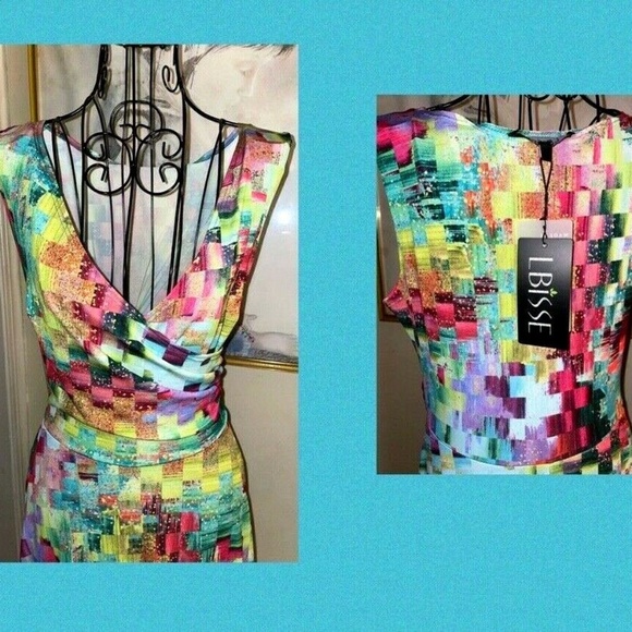 LBISSE "TEAL& PURPLE ABSTRACT PRINT SLEEVELESS SURPLICE" DRESS~MEDIUM - Picture 5 of 6